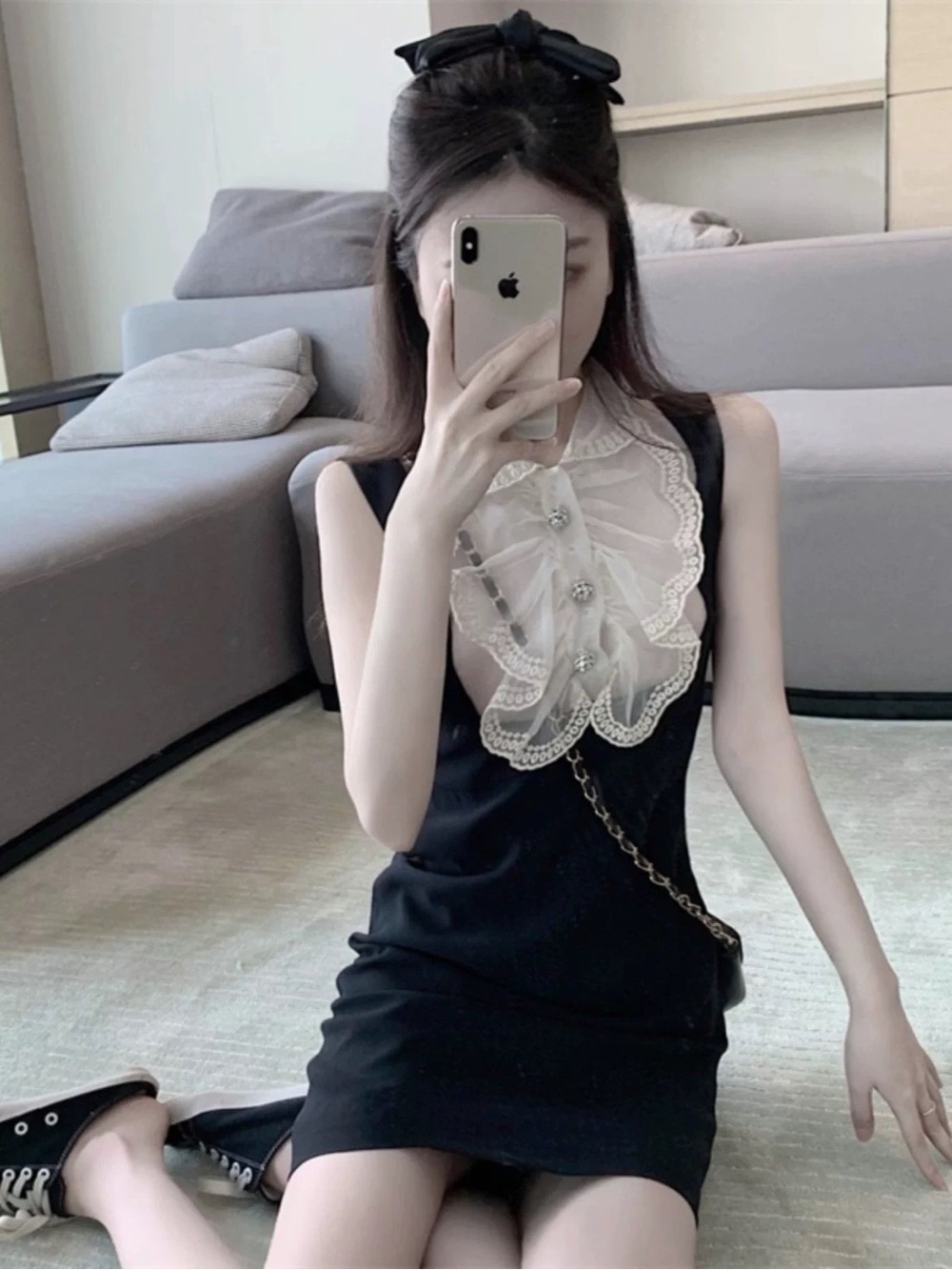 Women’s Black Sleeveless A-Line Dress with Sheer Lace Ruffle Collar